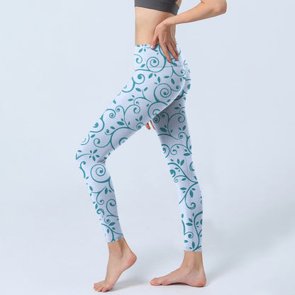 Mythstone Blue Vine Leaves Print Gym Leggings Women's Yoga Pants