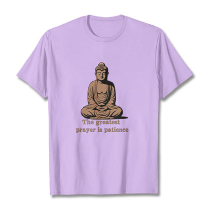 Mythstone Meditating Buddha Pattern THE GREATEST PRAYER IS PATIENCE Cotton Tee T-shirt