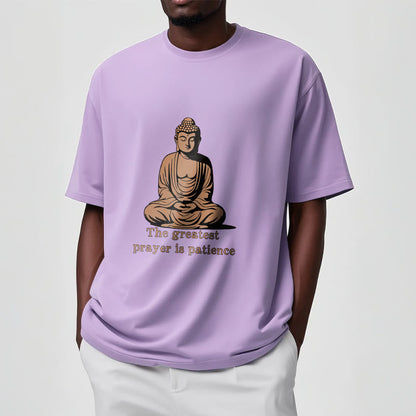 Mythstone Meditating Buddha Pattern THE GREATEST PRAYER IS PATIENCE Cotton Tee T-shirt