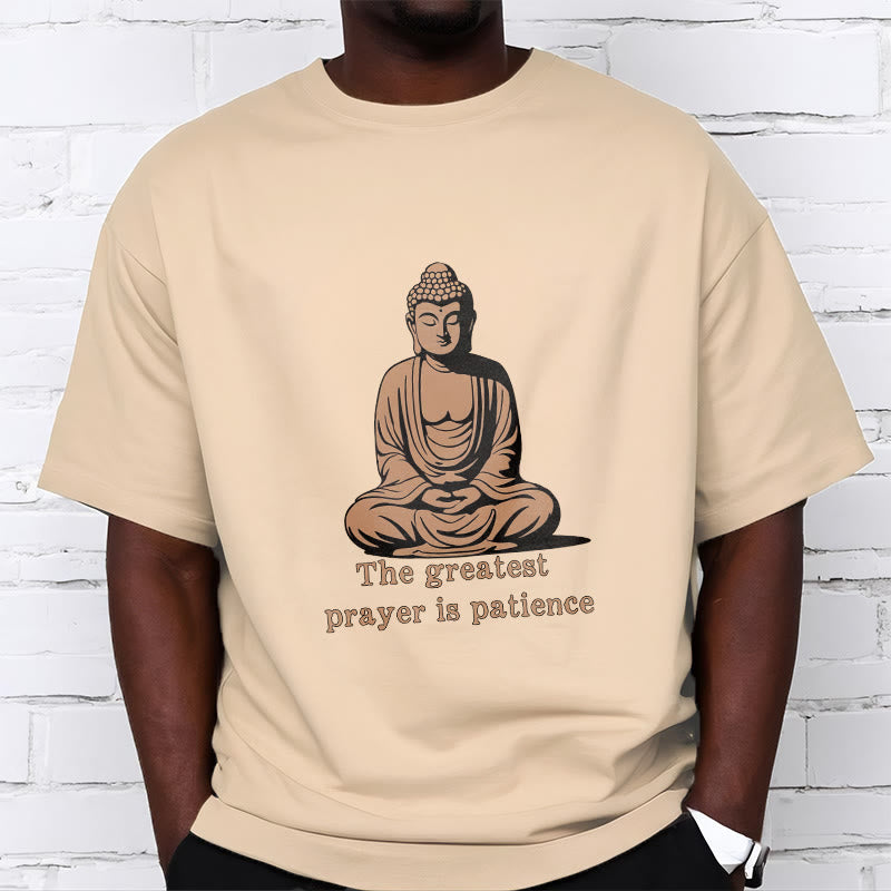 Mythstone Meditating Buddha Pattern THE GREATEST PRAYER IS PATIENCE Cotton Tee T-shirt