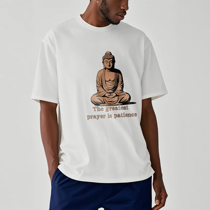 Mythstone Meditating Buddha Pattern THE GREATEST PRAYER IS PATIENCE Cotton Tee T-shirt