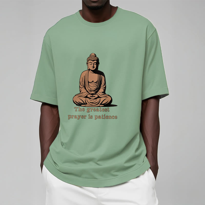 Mythstone Meditating Buddha Pattern THE GREATEST PRAYER IS PATIENCE Cotton Tee T-shirt