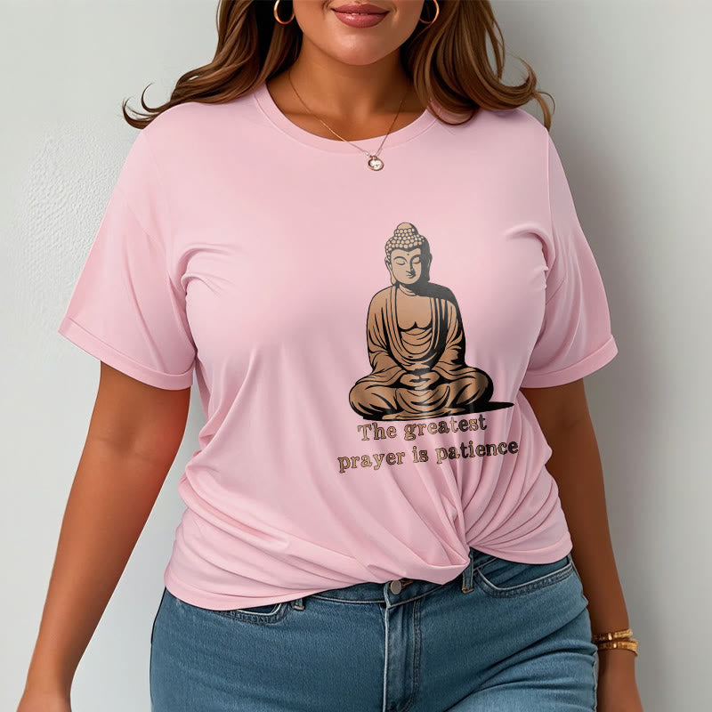 Mythstone Meditating Buddha Pattern THE GREATEST PRAYER IS PATIENCE Cotton Tee T-shirt