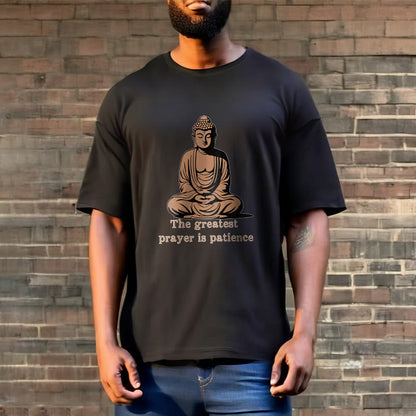 Mythstone Meditating Buddha Pattern THE GREATEST PRAYER IS PATIENCE Cotton Tee T-shirt