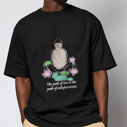 Mythstone Meditating Buddha Lotus Flower Leaf Pattern Cotton Tee T-shirt