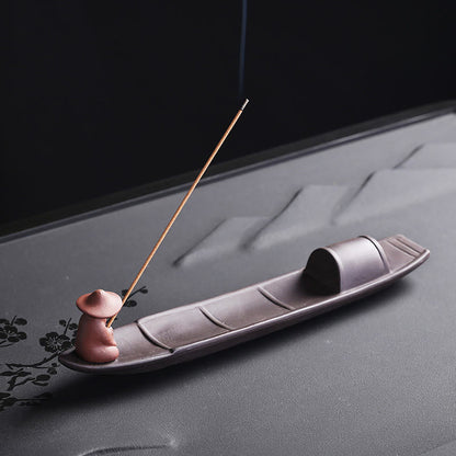 Mythstone Fisherman Boat Purple Clay Peace Healing Ceramic Stick Incense Burner Decoration