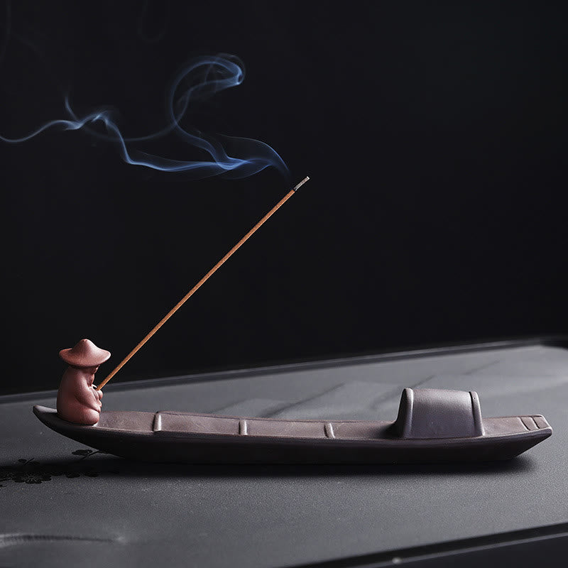 Mythstone Fisherman Boat Purple Clay Peace Healing Ceramic Stick Incense Burner Decoration