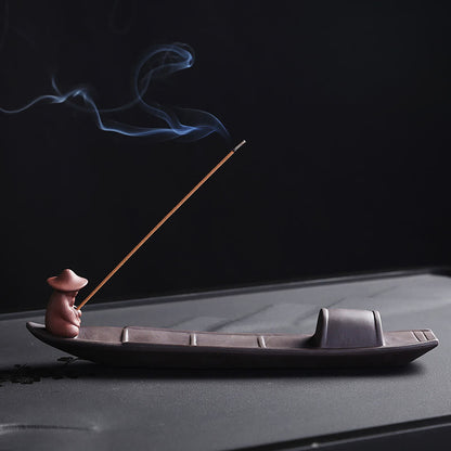 Mythstone Fisherman Boat Purple Clay Peace Healing Ceramic Stick Incense Burner Decoration