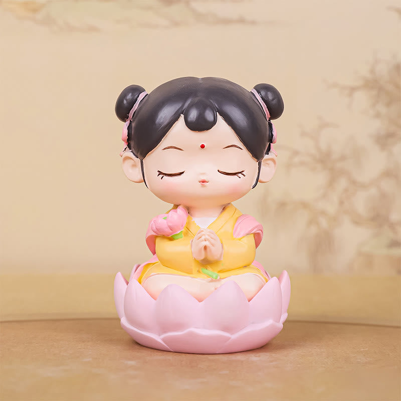 Mythstone Meditation Avalokitesvara Lotus Boy Girl Resin Statue Harmony Home Decoration