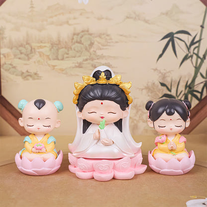 Mythstone Meditation Avalokitesvara Lotus Boy Girl Resin Statue Harmony Home Decoration