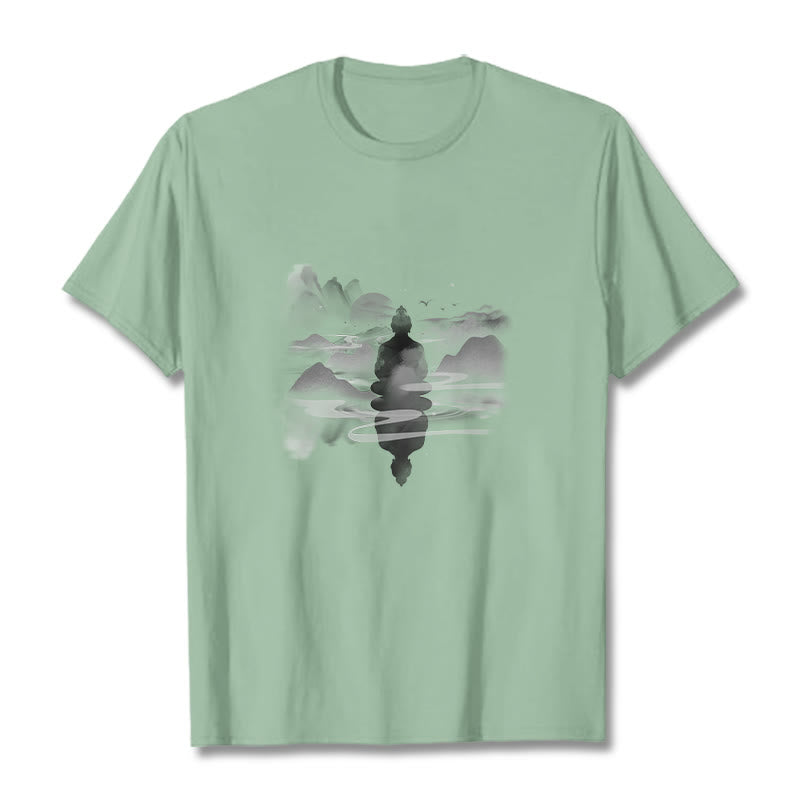 Mythstone Meditating Buddha Sitting In Mountains Pattern Cotton Tee T-shirt