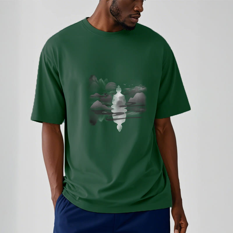 Mythstone Meditating Buddha Sitting In Mountains Pattern Cotton Tee T-shirt