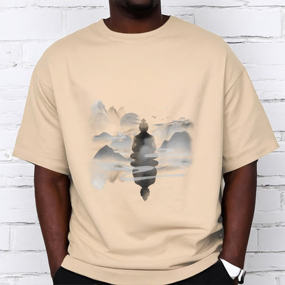 Mythstone Meditating Buddha Sitting In Mountains Pattern Cotton Tee T-shirt