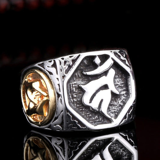 Mythstone Tibetan Titanium Steel Greeting Hand Sword Sign Sanskrit Balance Ring