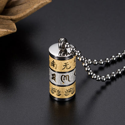 Mythstone Tibetan Om Mani Padme Hum Lotus Pattern Prayer Wheel Titanium Steel Peace Necklace Pendant