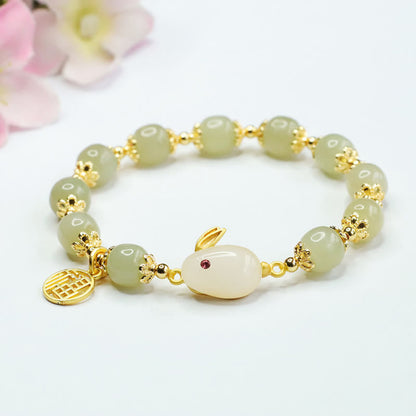 Mythstone Natural Hetian Jade Fu Character Fu Brand Rabbit Abundance Bracelet