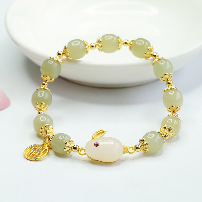 Mythstone Natural Hetian Jade Fu Character Fu Brand Rabbit Abundance Bracelet