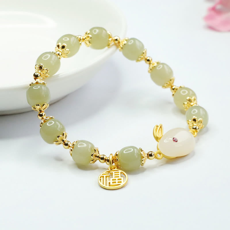 Mythstone Natural Hetian Jade Fu Character Fu Brand Rabbit Abundance Bracelet