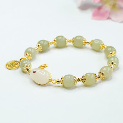 Mythstone Natural Hetian Jade Fu Character Fu Brand Rabbit Abundance Bracelet