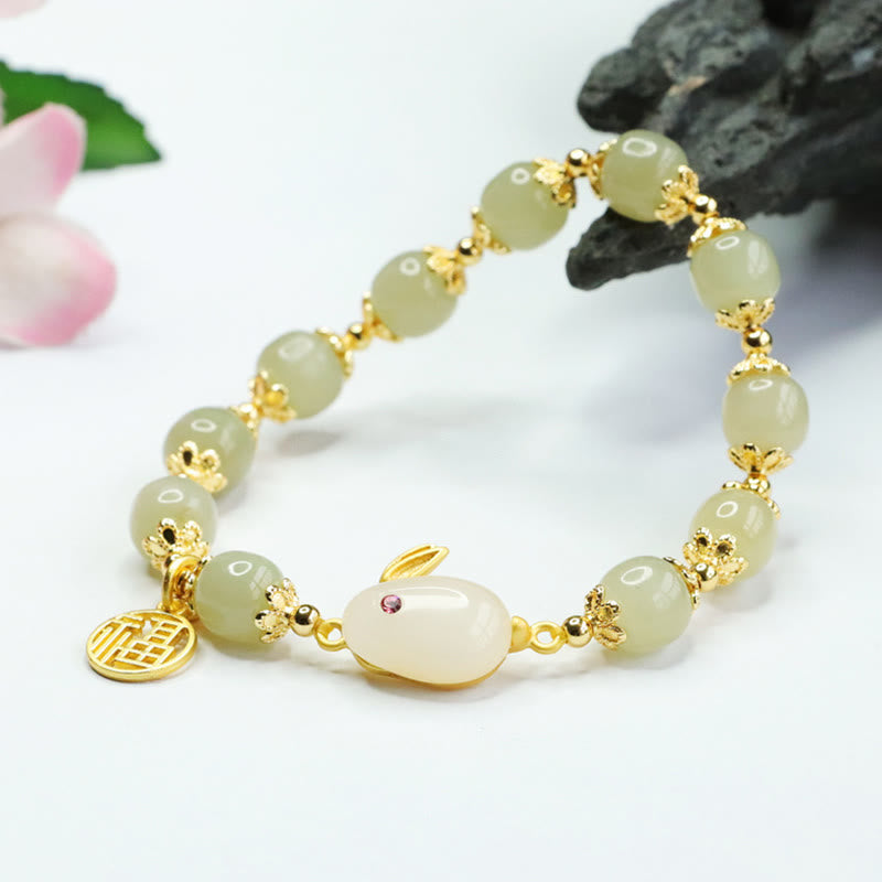 Mythstone Natural Hetian Jade Fu Character Fu Brand Rabbit Abundance Bracelet