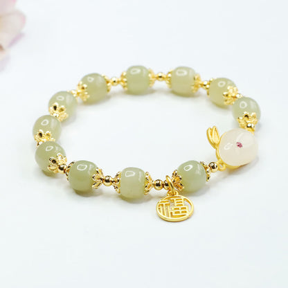 Mythstone Natural Hetian Jade Fu Character Fu Brand Rabbit Abundance Bracelet