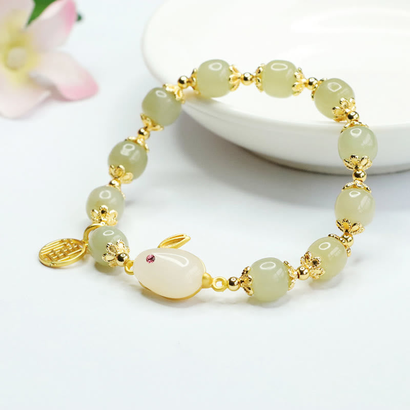 Mythstone Natural Hetian Jade Fu Character Fu Brand Rabbit Abundance Bracelet