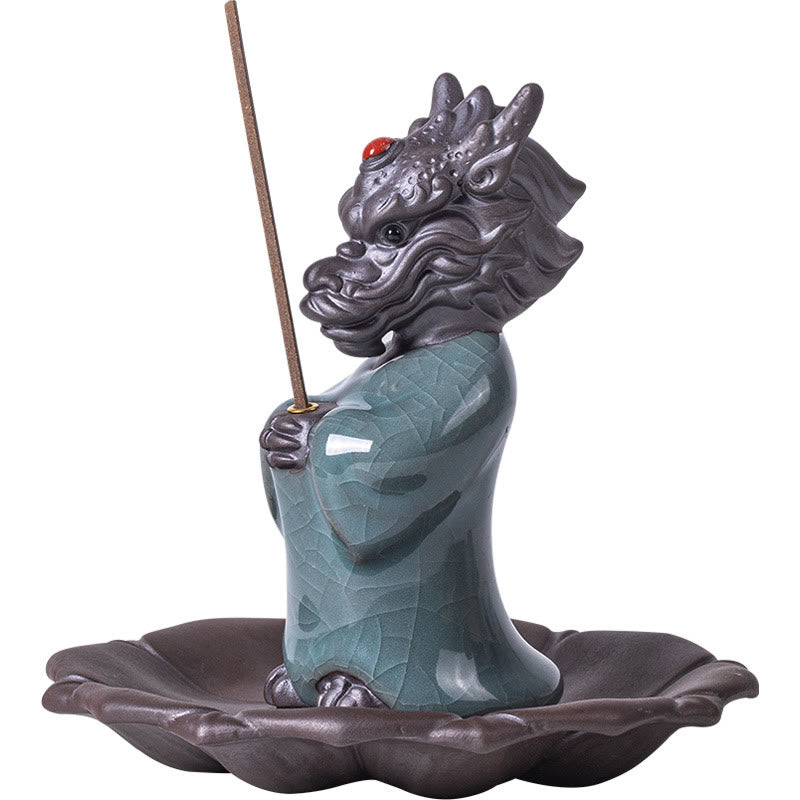 Mythstone Praying Dragon King Lotus Base Fu Character Ceramic Healing Incense Burner Desk Decoration