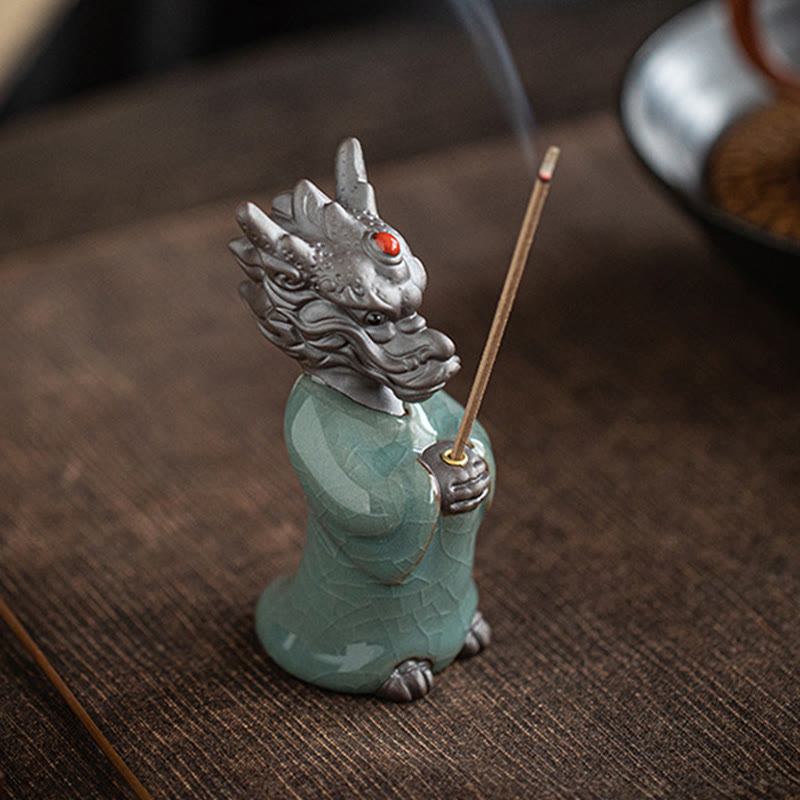 Mythstone Praying Dragon King Lotus Base Fu Character Ceramic Healing Incense Burner Desk Decoration