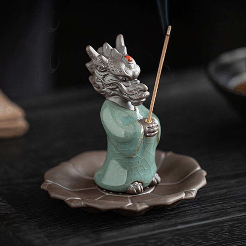 Mythstone Praying Dragon King Lotus Base Fu Character Ceramic Healing Incense Burner Desk Decoration