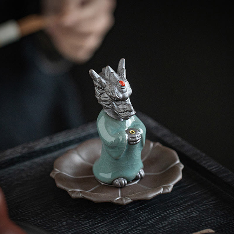 Mythstone Praying Dragon King Lotus Base Fu Character Ceramic Healing Incense Burner Desk Decoration