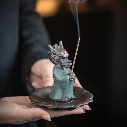 Mythstone Praying Dragon King Lotus Base Fu Character Ceramic Healing Incense Burner Desk Decoration