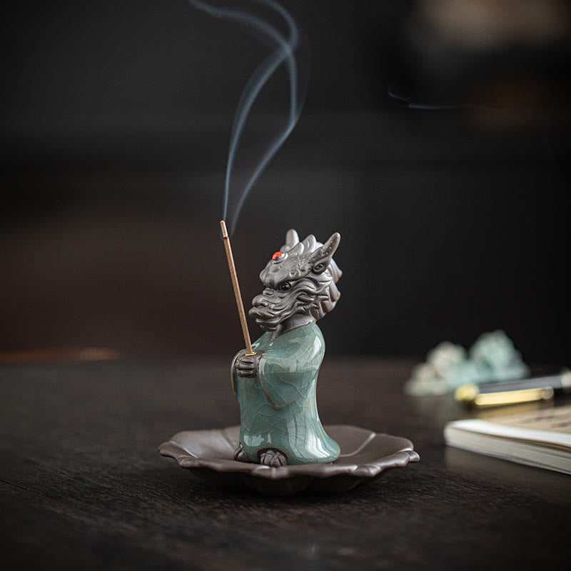 Mythstone Praying Dragon King Lotus Base Fu Character Ceramic Healing Incense Burner Desk Decoration