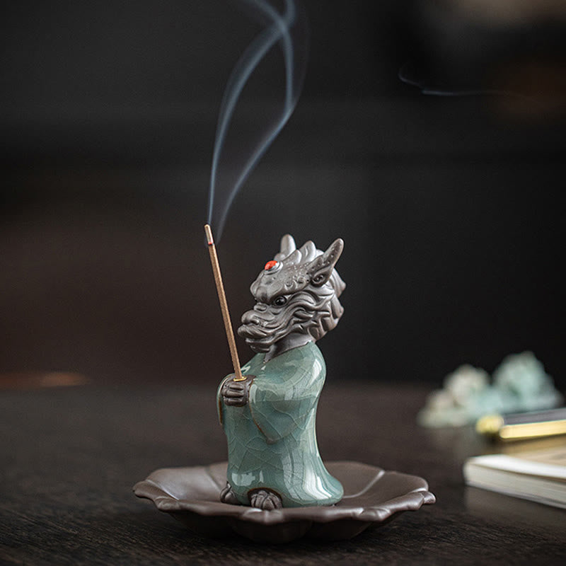 Mythstone Praying Dragon King Lotus Base Fu Character Ceramic Healing Incense Burner Desk Decoration