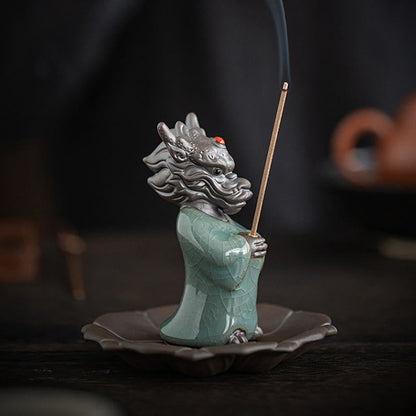 Mythstone Praying Dragon King Lotus Base Fu Character Ceramic Healing Incense Burner Desk Decoration