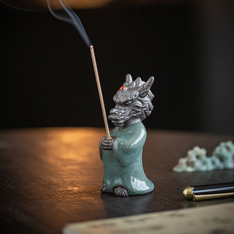 Mythstone Praying Dragon King Lotus Base Fu Character Ceramic Healing Incense Burner Desk Decoration