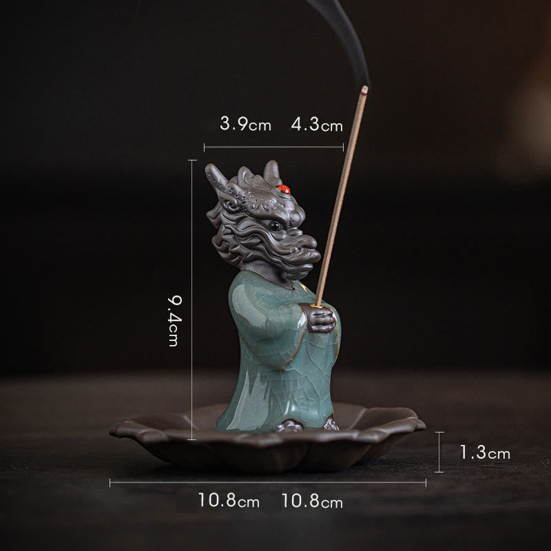 Mythstone Praying Dragon King Lotus Base Fu Character Ceramic Healing Incense Burner Desk Decoration