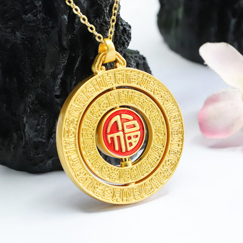 Mythstone Hetian Jade Hundred Blessings Fu Character Luck Rotatable Necklace Pendant