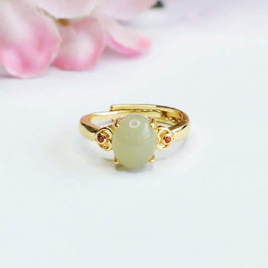 Mythstone Natural Hetian Jade Egg Heart-shaped Copper Luck Open Ring