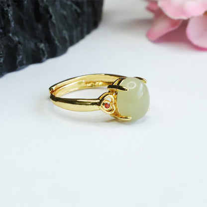 Mythstone Natural Hetian Jade Egg Heart-shaped Copper Luck Open Ring