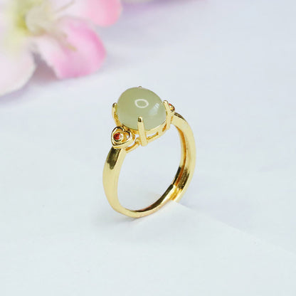 Mythstone Natural Hetian Jade Egg Heart-shaped Copper Luck Open Ring