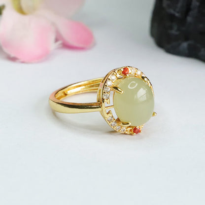 Mythstone Natural Hetian Jade Zirconia Egg Copper Open Luck Ring