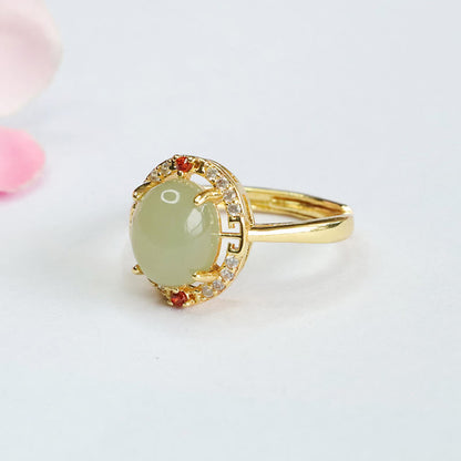 Mythstone Natural Hetian Jade Zirconia Egg Copper Open Luck Ring