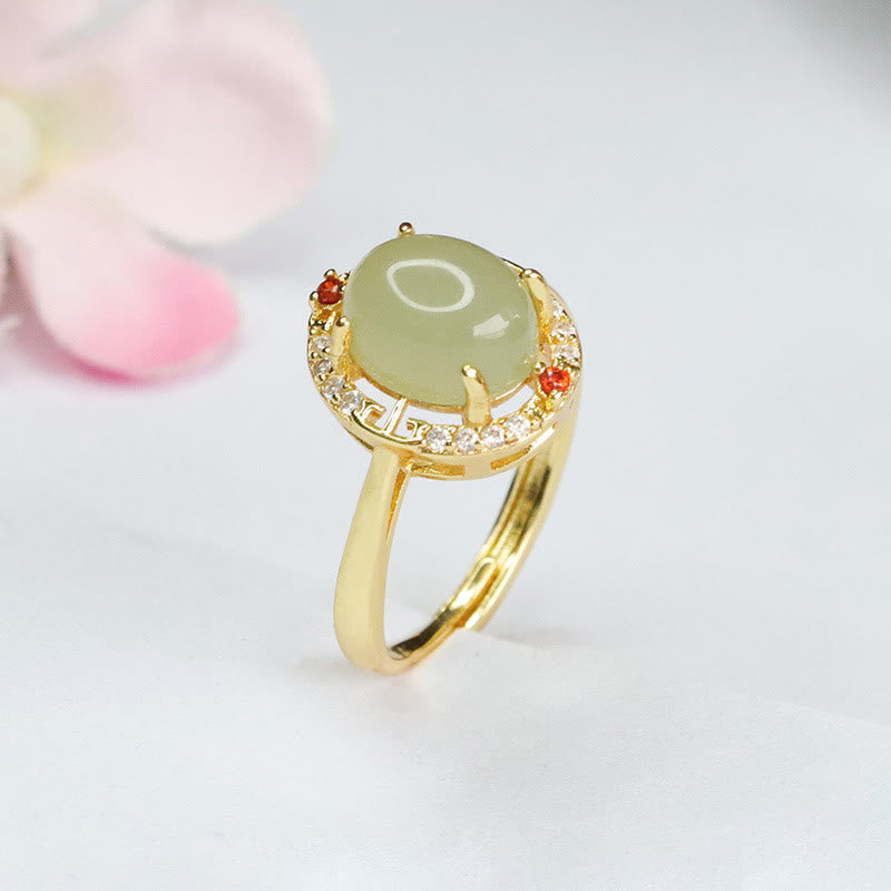 Mythstone Natural Hetian Jade Zirconia Egg Copper Open Luck Ring