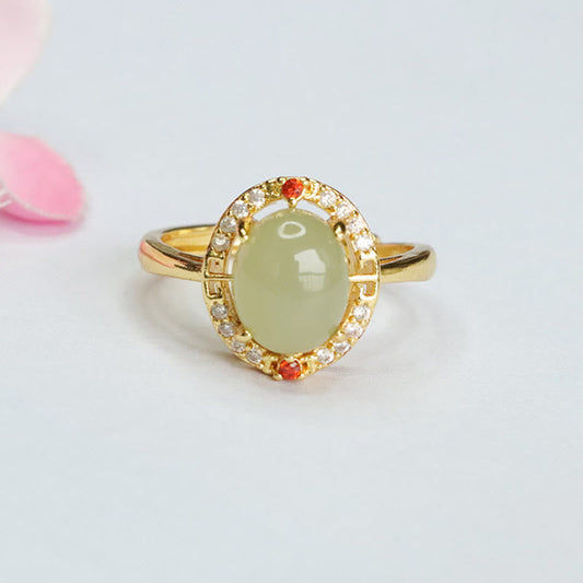 Mythstone Natural Hetian Jade Zirconia Egg Copper Open Luck Ring