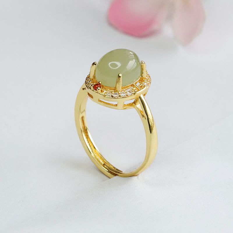 Mythstone Natural Hetian Jade Zirconia Egg Copper Open Luck Ring