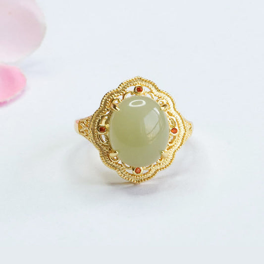 Mythstone Natural Hetian Jade Vintage Egg Copper Open Luck Ring