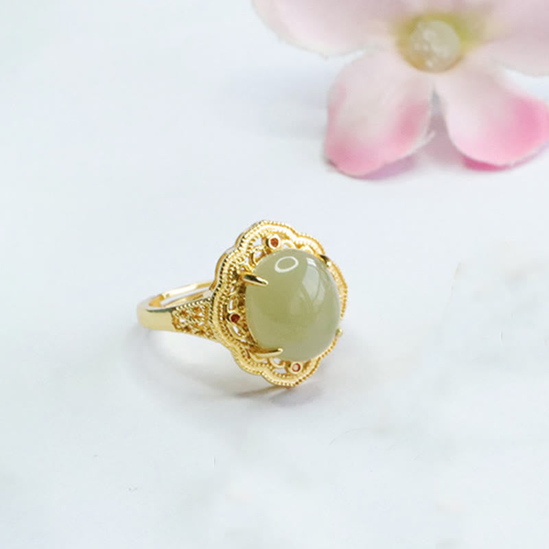 Mythstone Natural Hetian Jade Vintage Egg Copper Open Luck Ring