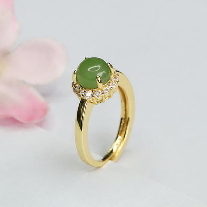 Mythstone Natural Hetian Jade Egg Copper Open Luck Prosperity Ring