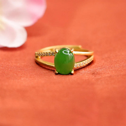 Mythstone Natural Hetian Jade Egg Hollow Copper Open Luck Ring