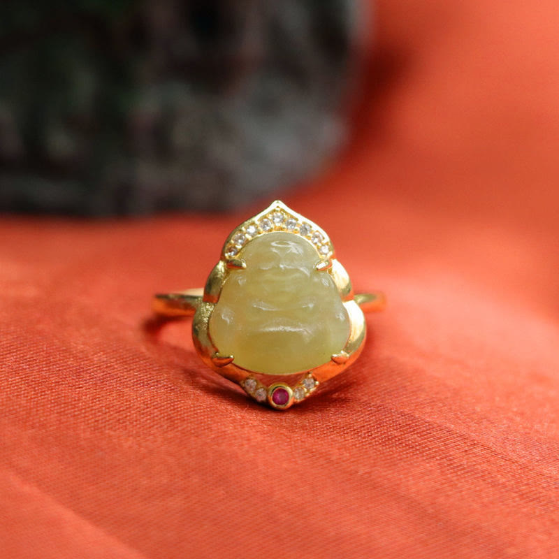 Mythstone Natural Hetian Jade Egg Gourd Copper Laughing Buddha Open Luck Ring